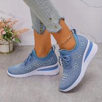 Blauwe dames sneakers met verhoogde zool en gebreide bovenkant