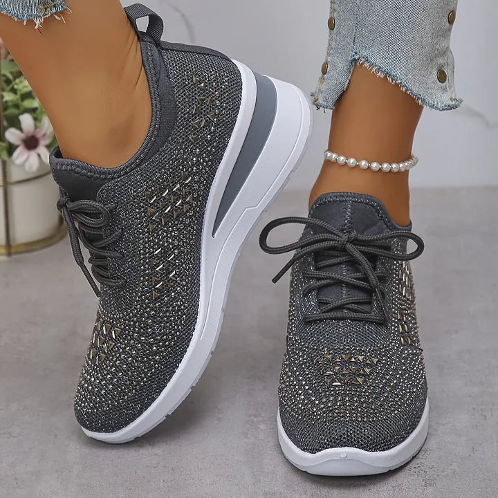 Grijze dames sneakers met gebreid bovenwerk en veters