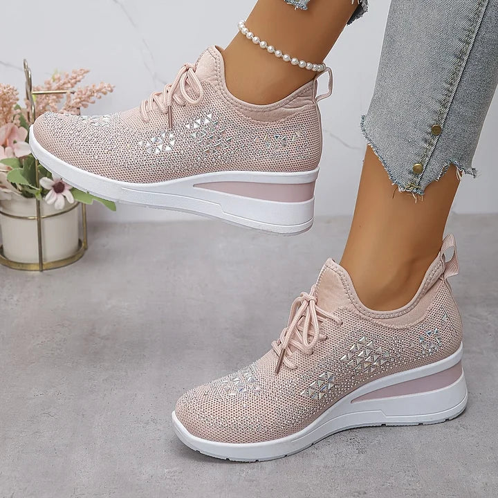 Lichtroze dames sneakers met ingeweven ruitpatroon