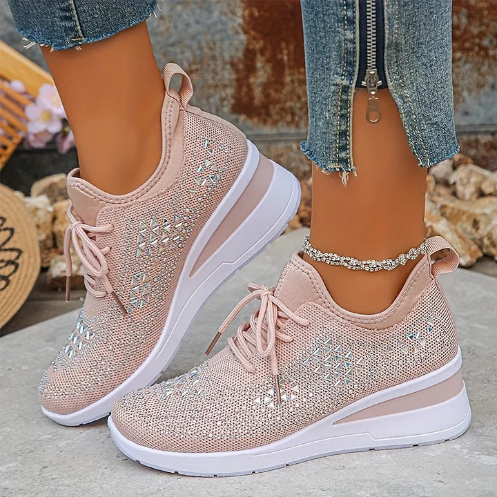 Lichtroze gebreide dames sneakers met veters