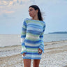 Blauw Gestreepte Gebreide Dames Mini Jurk met Open Rug en Klokmouwen
