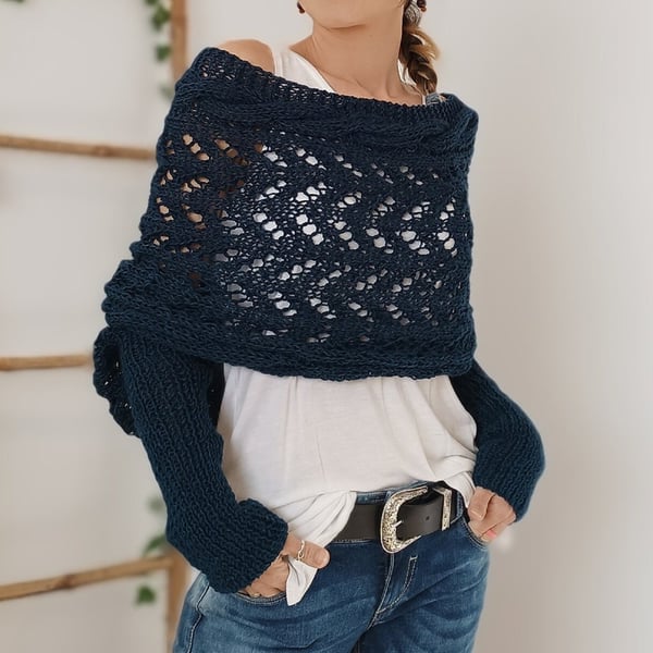 Gebreide omslagsjaal met mouwen voor dames in blauw