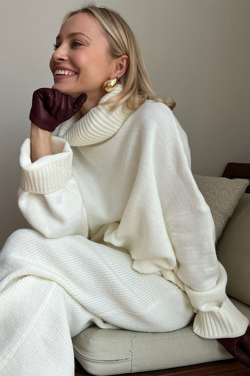 Gebreide dames rokset met oversized coltrui en maxirok in crème