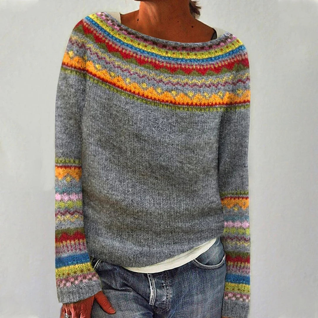 Grijze gebreide dames trui met kleurrijk Fair Isle patroon op de pas en gestreepte mouwen