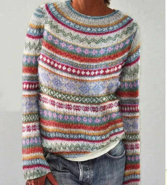Gestreepte gebreide dames trui in multicolor met Fair Isle patroon en ronde hals