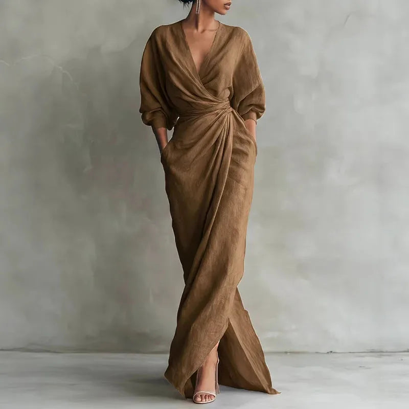 Bruine wikkel maxi-jurk voor dames met lange mouwen