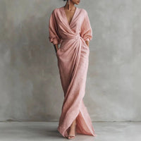 Roze dames maxi-jurk met wikkeltaille en diepe V-hals