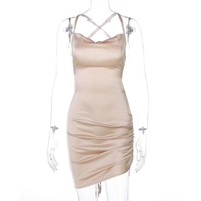 Gedrapeerde satijnen mini-jurk dames champagne productfoto