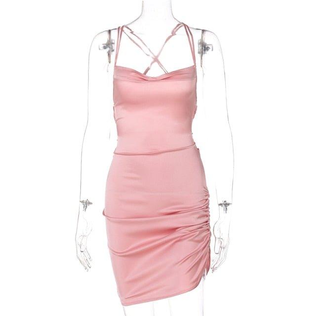 Gedrapeerde satijnen mini-jurk dames roze productfoto