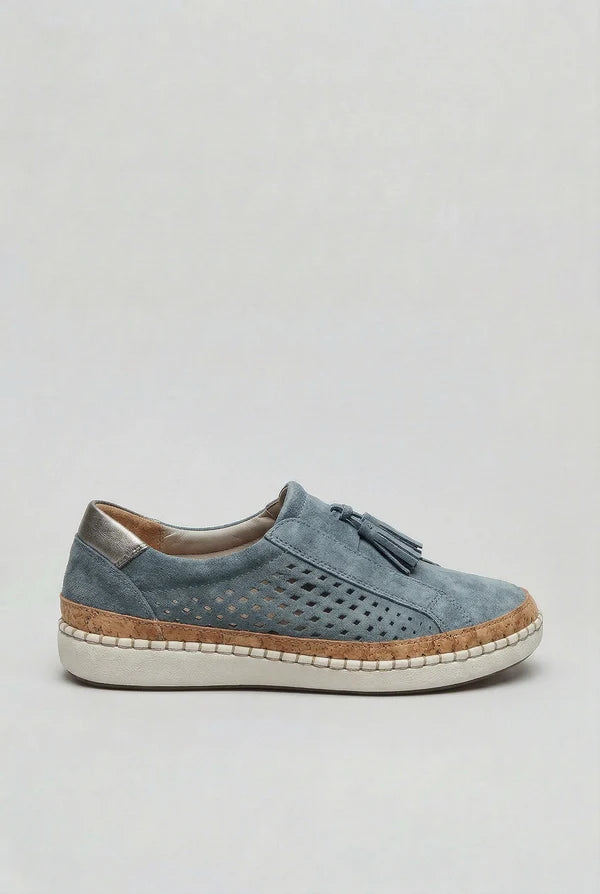 Blauwe dames instapsneakers met kurklook rand en witte zool