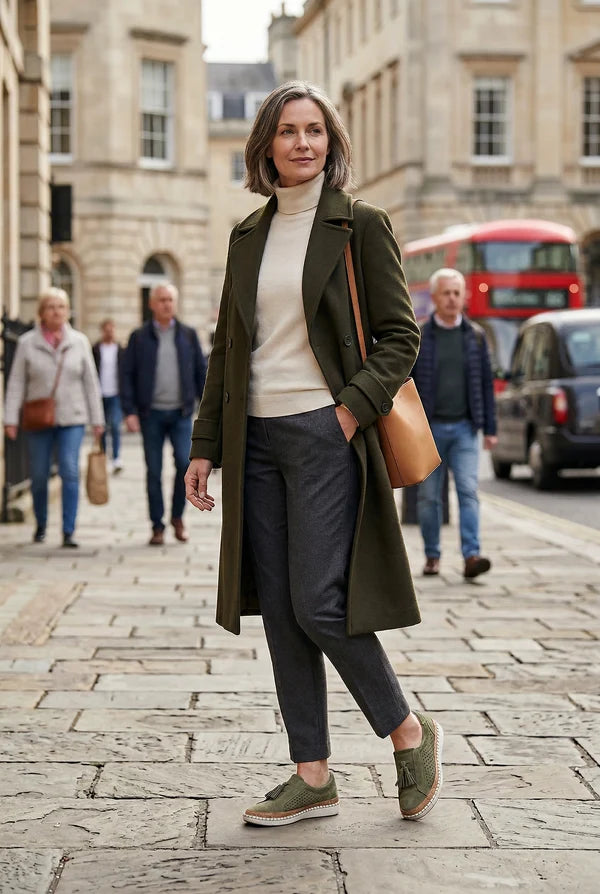 Vrouw op straat in de stad met instapsneakers en een lange jas