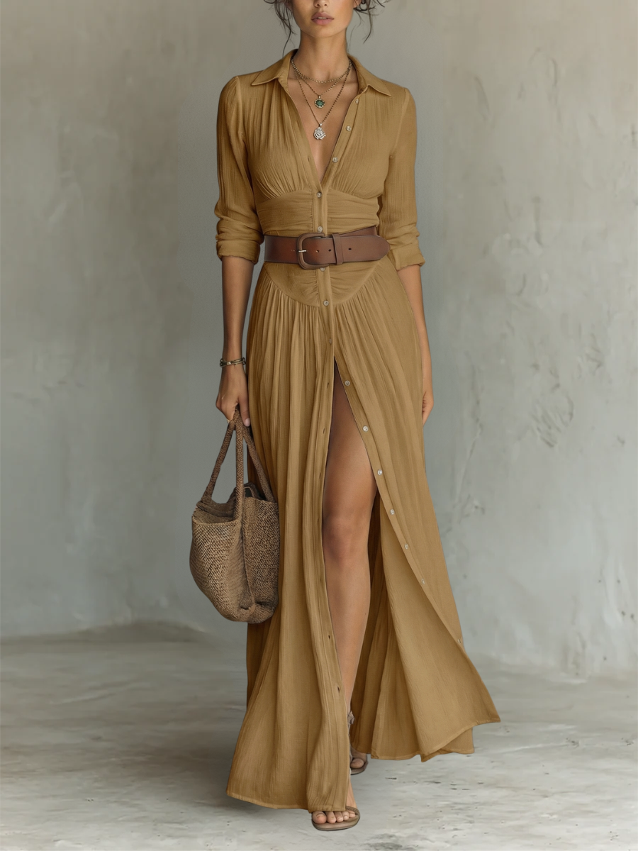 Camel maxi-blousejurk met kraag en plooirok