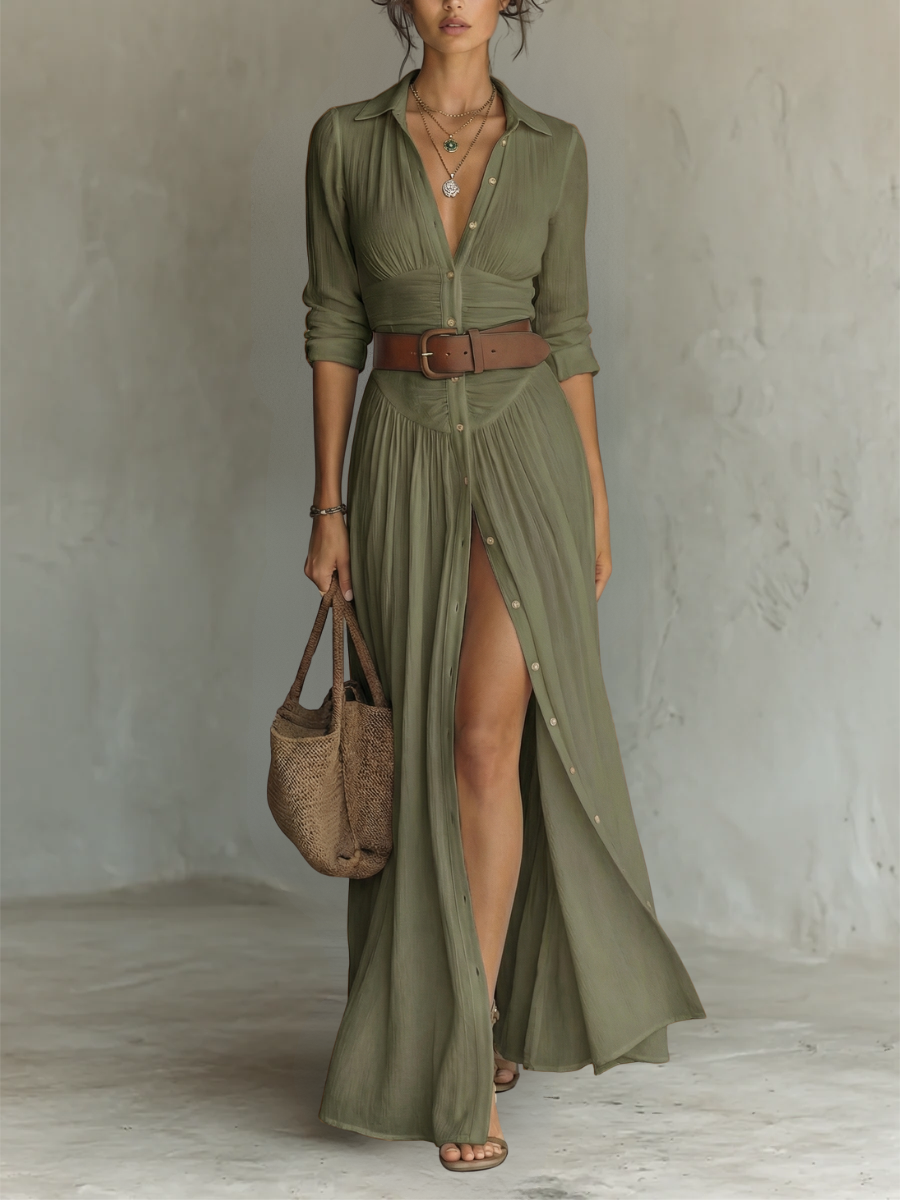Legergroene maxi-blousejurk met kraag en plooirok