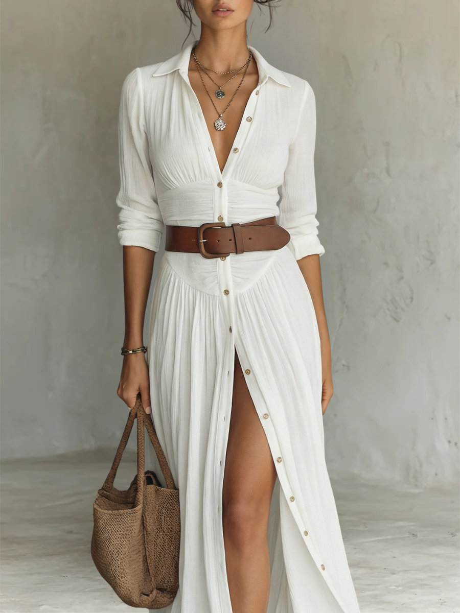 Witte maxi-blousejurk met reverskraag en lange mouwen