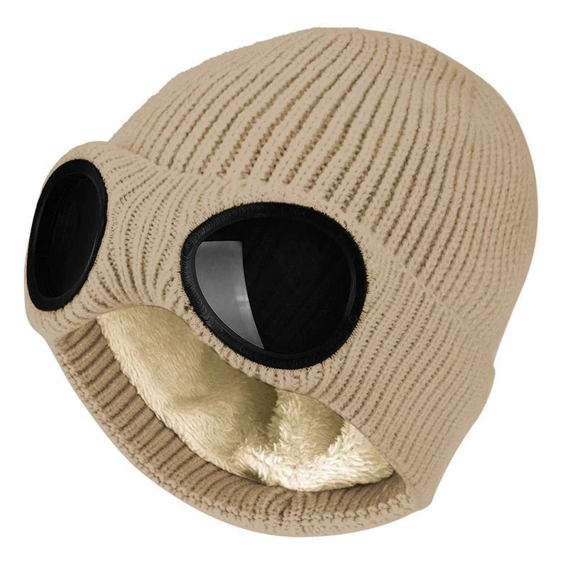 Geribbelde dames muts met afneembare bril en fleecevoering in beige