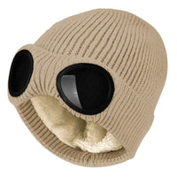 Geribbelde dames muts met afneembare bril en fleecevoering in beige