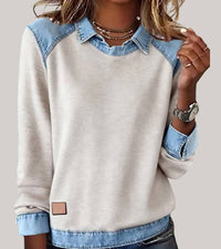 Geribde dames trui met denim kraag en knoopsluiting in beige