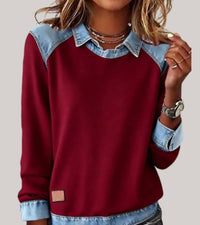 Geribde dames trui met denim kraag en knoopsluiting in rood