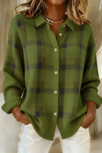 Geruit gebreid dames vest met overhemdkraag en knoopsluiting in groen