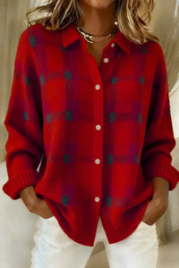 Geruit gebreid dames vest met overhemdkraag en knoopsluiting in rood