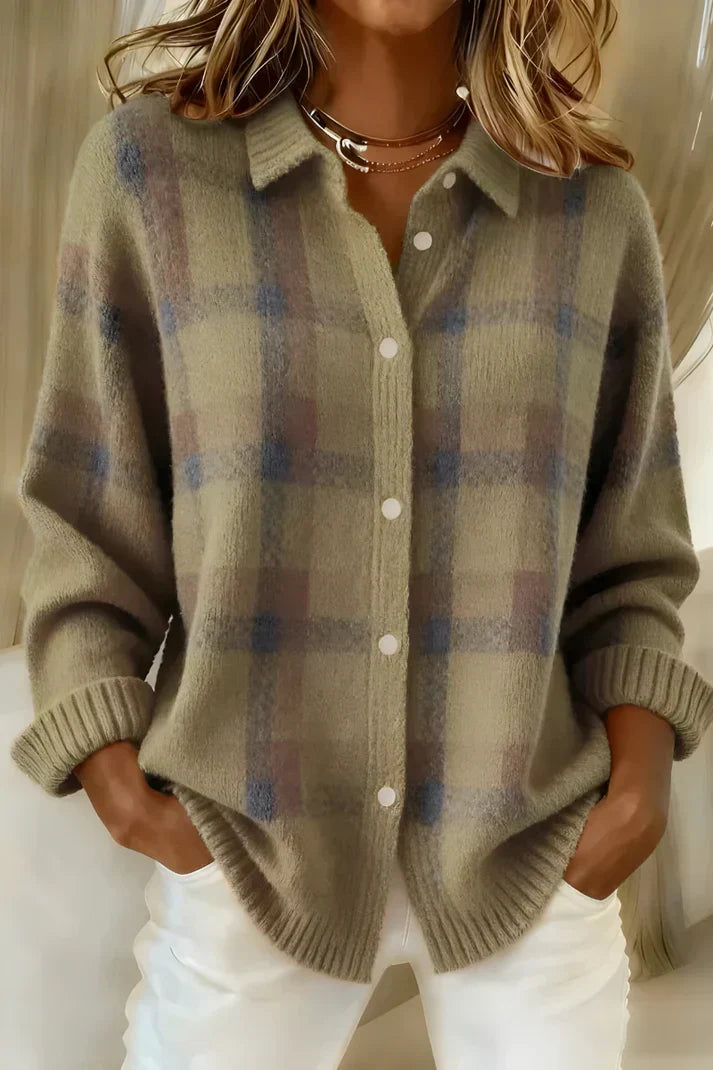 Geruit gebreid dames vest met overhemdkraag en knoopsluiting in taupe