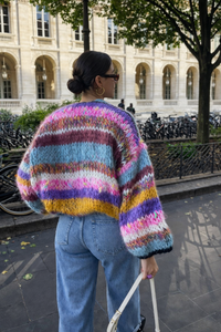 Gestreept grofgebreid vest dames in paars multicolor, achterkant met ballonmouwen