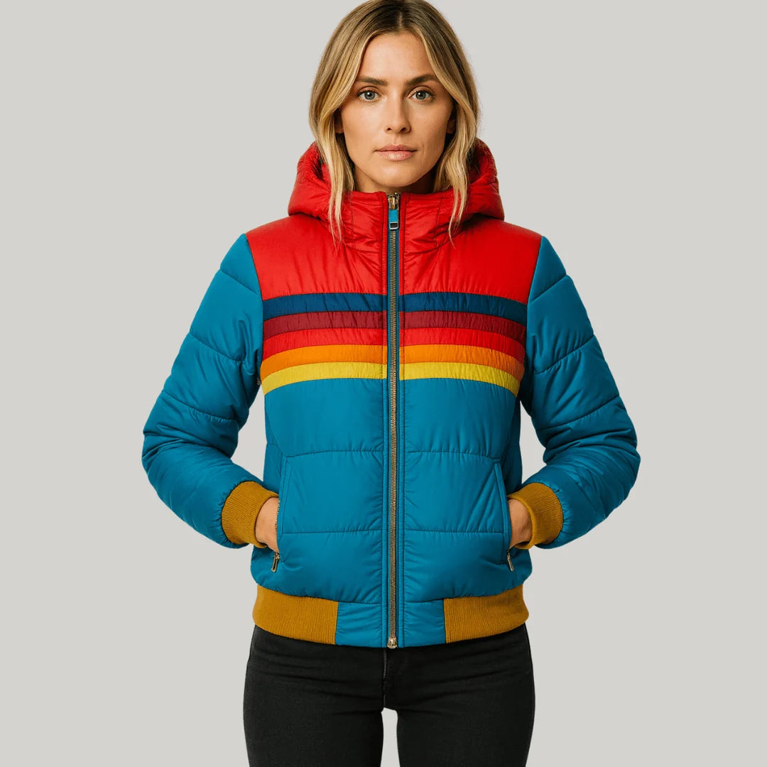 Vooraanzicht blauwe puffer jas dames met retro strepen en rits