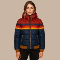 Marineblauwe puffer jas voor dames met retro strepen en capuchon