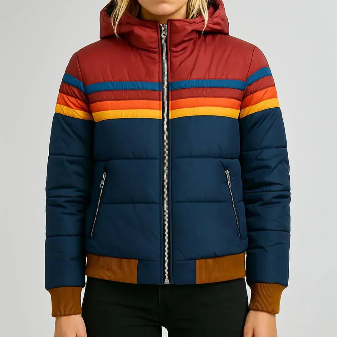Marineblauwe gestreepte puffer jas dames met geribde boorden