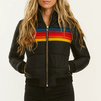 Zwarte gestreepte puffer jas voor dames met capuchon