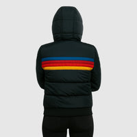 Achteraanzicht zwarte puffer jas dames met capuchon