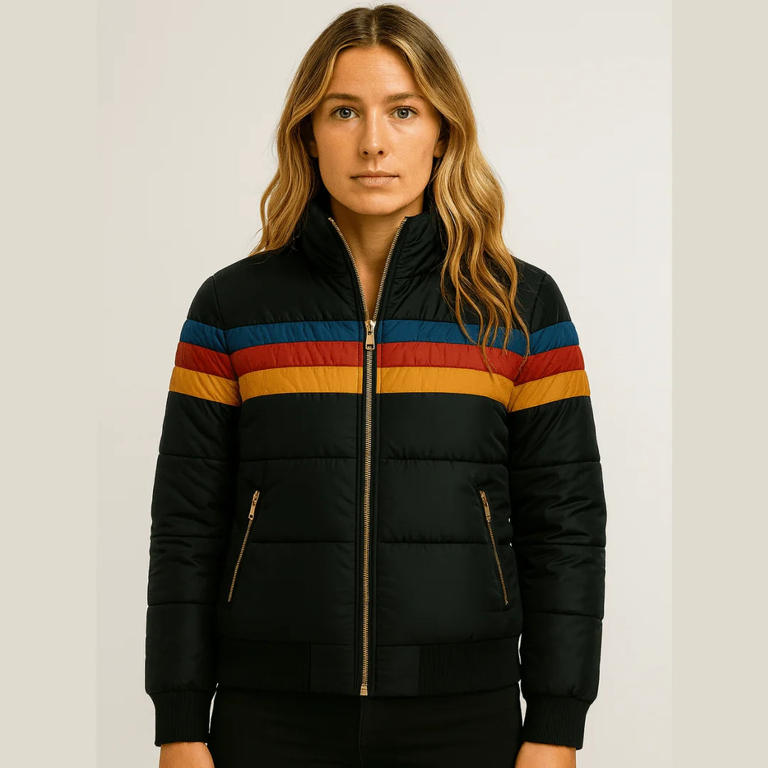 Vooraanzicht zwarte puffer jas dames met retro strepen en rits