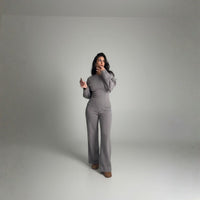 Getailleerde loungeset dames in grijs met wijde broek