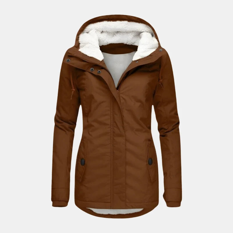 Bruine dames parka met teddyvoering in de capuchon