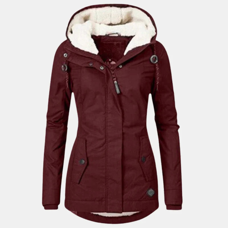 Donkerrode dames winterjas met teddyvoering en lange mouwen