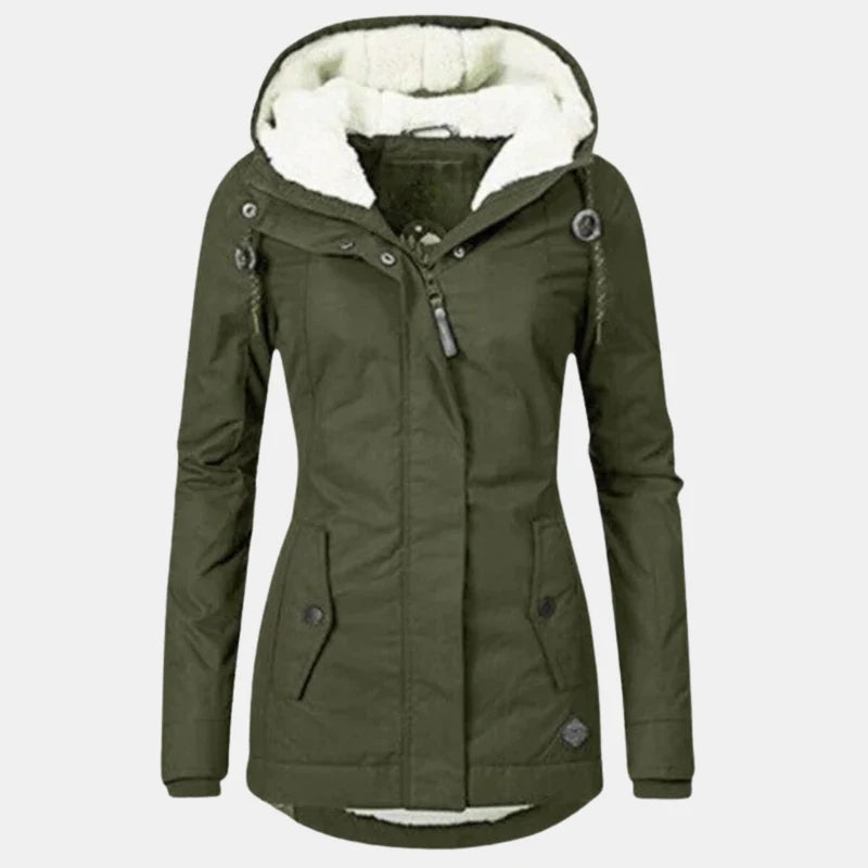 Legergroene winterjas voor dames met afgeronde zoom en zakken