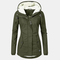 Legergroene winterjas voor dames met afgeronde zoom en zakken