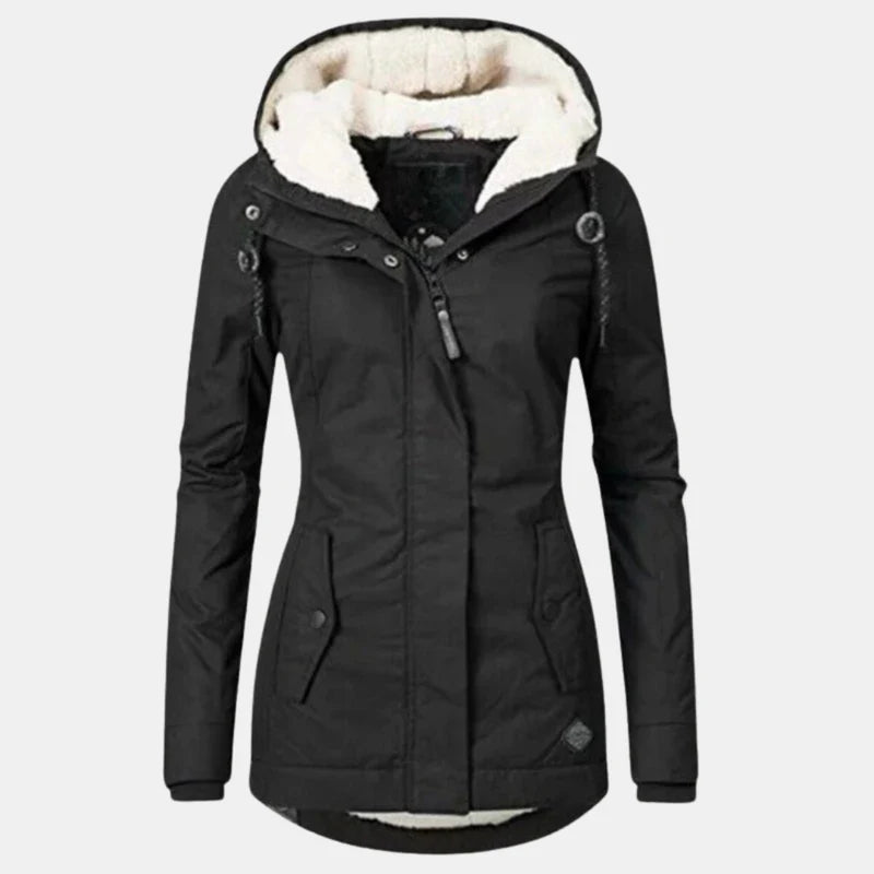 Zwarte gevoerde parka met capuchon en rits over de volle lengte
