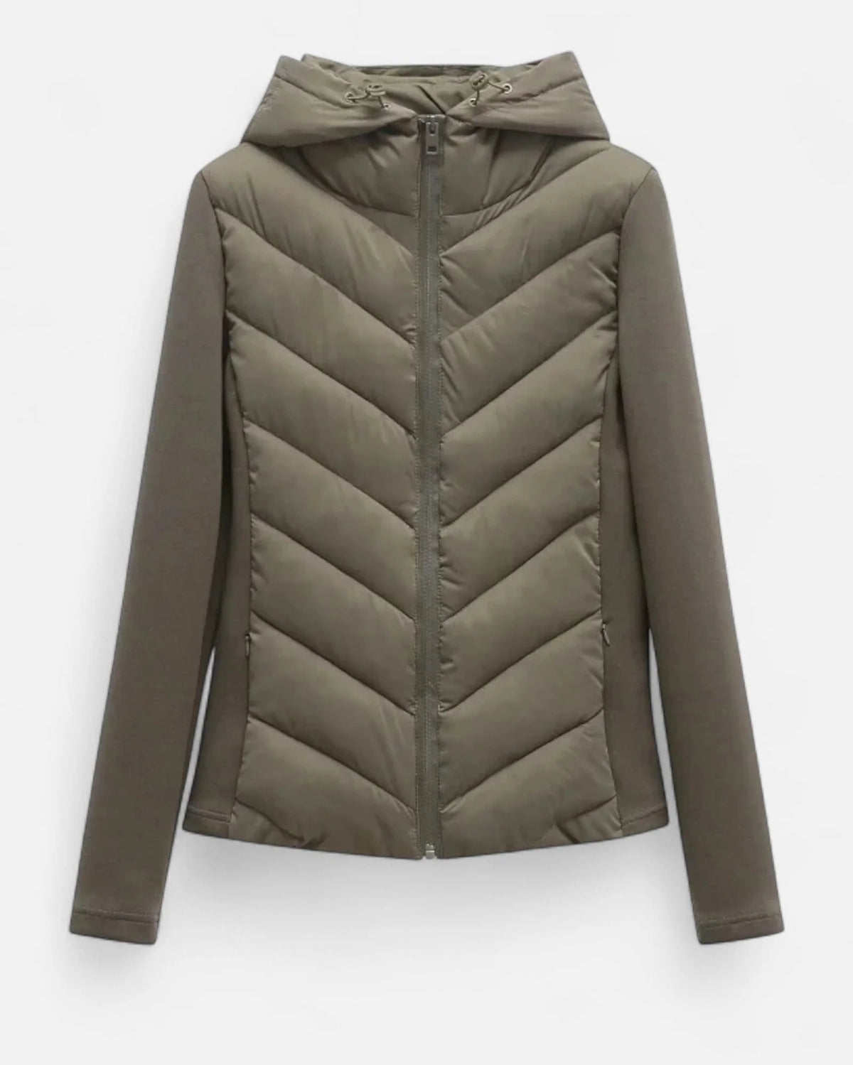 Legergroene gewatteerde dames puffer jas met capuchon en chevron stiksels