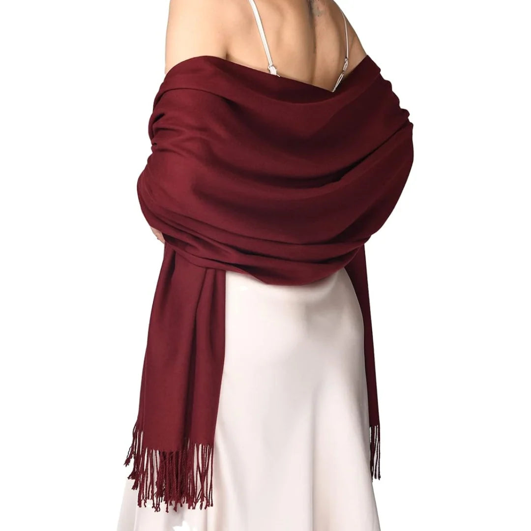 Glanzende pashmina sjaal voor dames in bordeaux met korte franjes