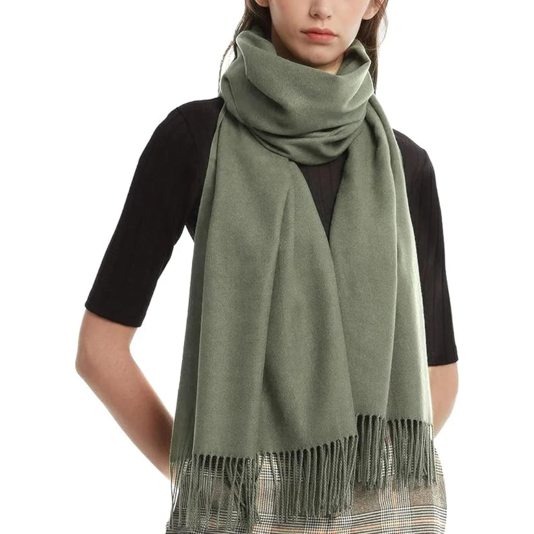 Glanzende pashmina sjaal voor dames in groen met korte franjes