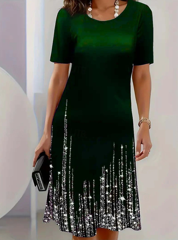 Groene midi-jurk met korte mouwen, ronde hals en glitterprint aan de zoom
