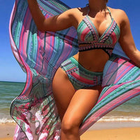 Dames 3-delige bikini met gekruiste bandjes en hoge taille – zomers & flatterend – Orivelle