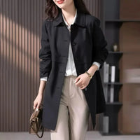 Zwarte halflange trenchcoat dames met platte kraag