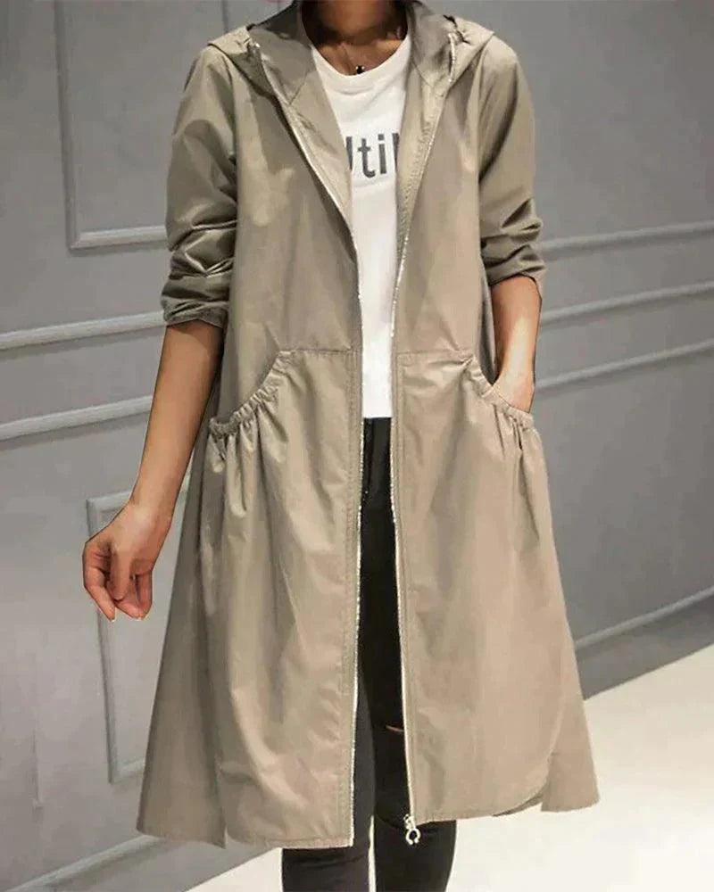 Beige halflange jas dames met capuchon en ritssluiting