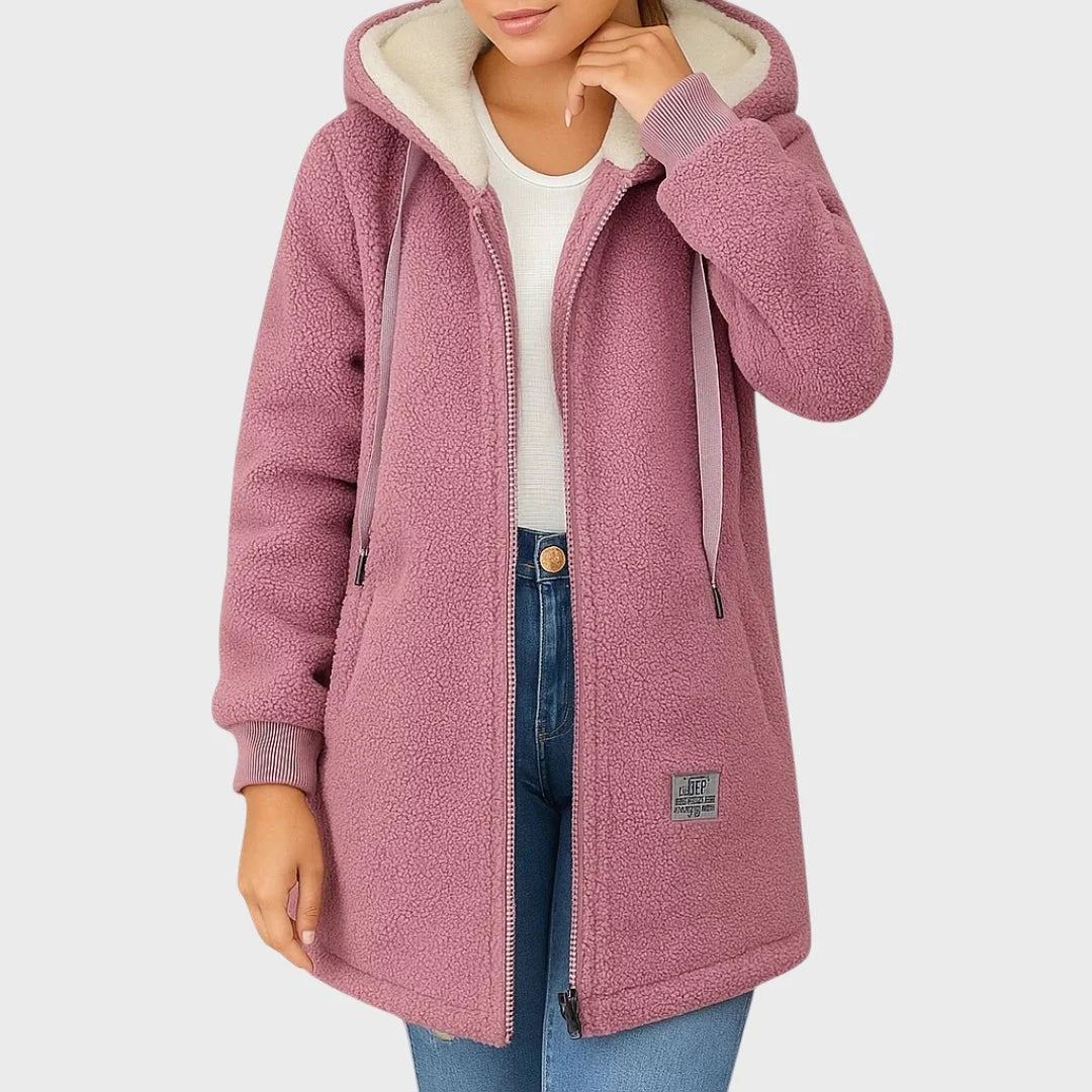 Roze halflange teddy jas dames met capuchon en ritssluiting