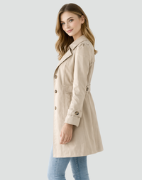 Khaki getailleerde trenchcoat, zijkant