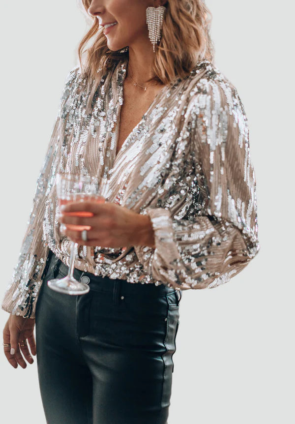 Blouse met Pailletten, V-hals en Lange Mouwen – Glamoureus & Feestelijk – Ilse