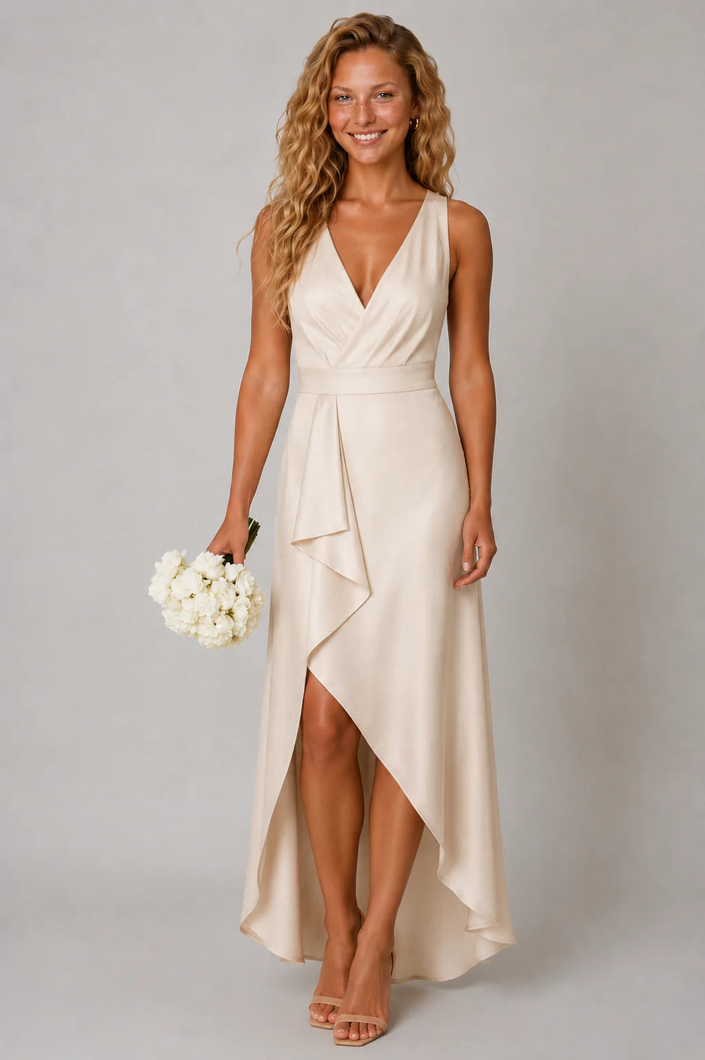 Asymmetrische Midi Jurk met Diepe V-hals – Elegant & Modern – Inès