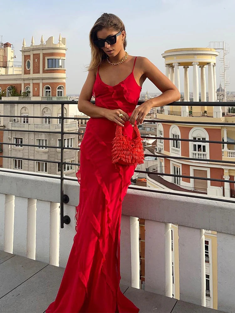 Sheath Jurk met Spaghettibandjes, Zijsplit en Ruches – Elegant & Feestelijk – Janneke